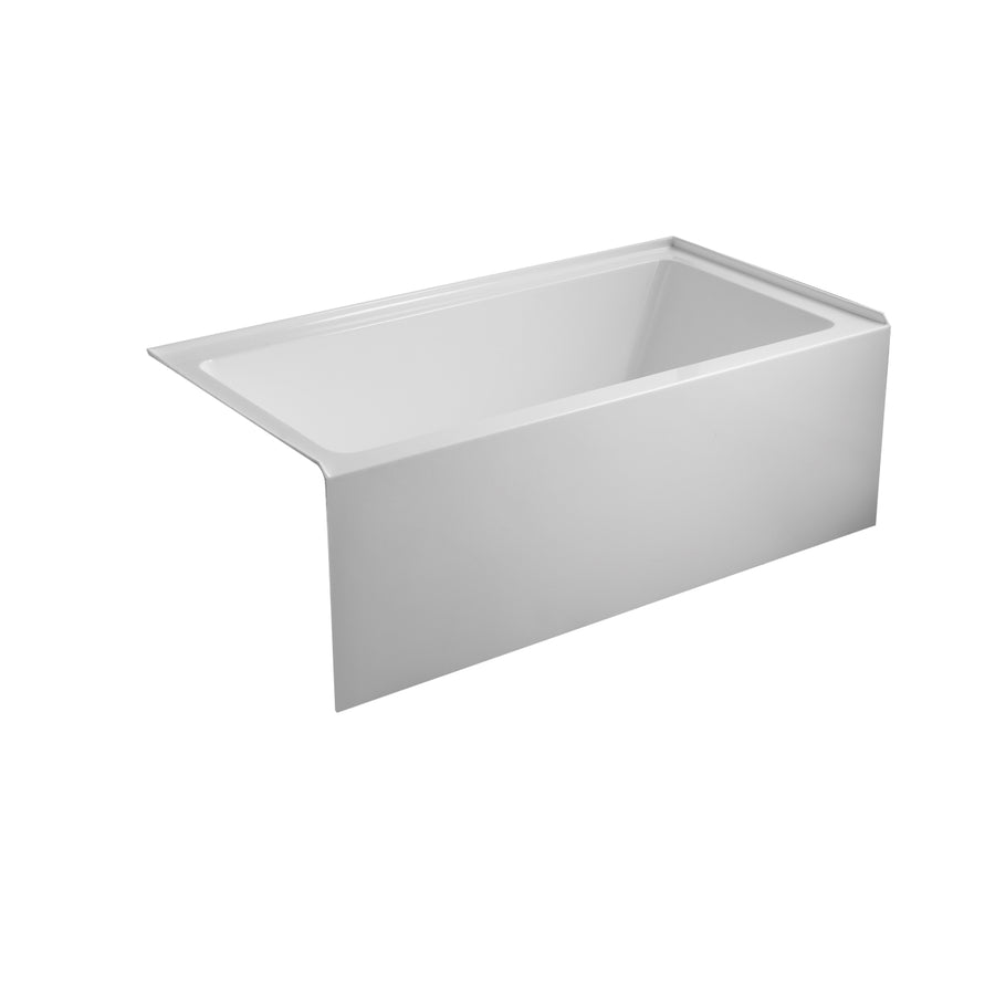 Vue latérale d'un bain alcôve moderne en acrylique blanc, conçu pour s'intégrer parfaitement dans une salle de bain contemporaine