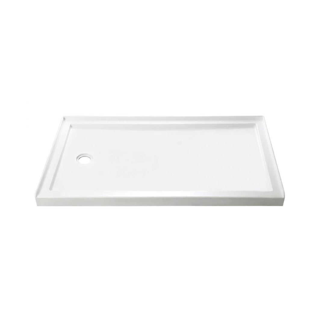 Base de douche en acrylique pour installation en alcôve, dimensions 60x32 pouces avec drain à gauche. Finition blanche brillante.