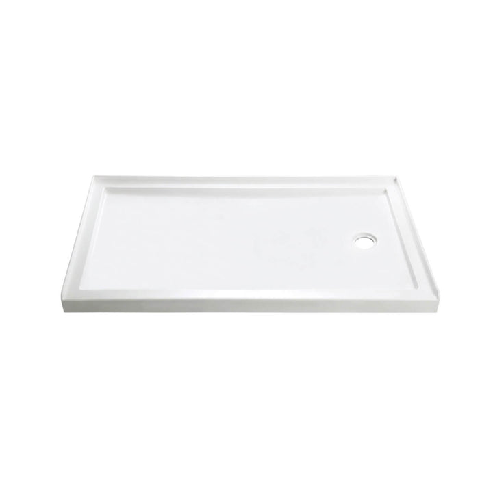 Base de douche alcôve en acrylique durable, dimensions 60x32 pouces avec drain à droite. Surface antidérapante blanche.