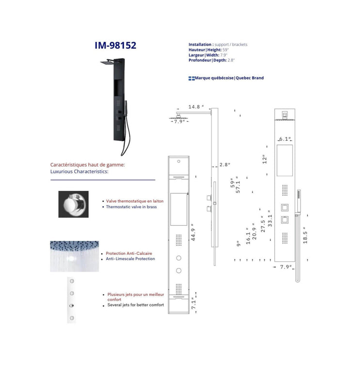 Schéma technique colonne de douche noire avec dimensions hauteur largeur profondeur