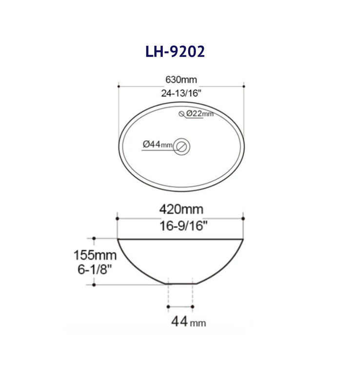 Schéma technique détaillé montrant les dimensions du lavabo profond ovale : largeur de 24-13/16", profondeur de 16-9/16" et hauteur de 6-1/8". Ce dessin de lavabo salle de bain précise également le diamètre standard du drain (44 mm) et du trop-plein (22 mm) pour faciliter l'installation.