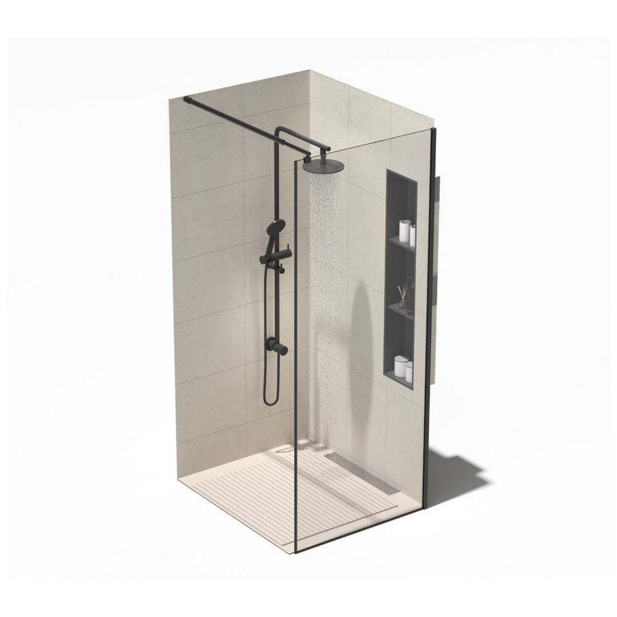 Douche en verre avec paroi vitrée noire mate installée en angle, style minimaliste moderne