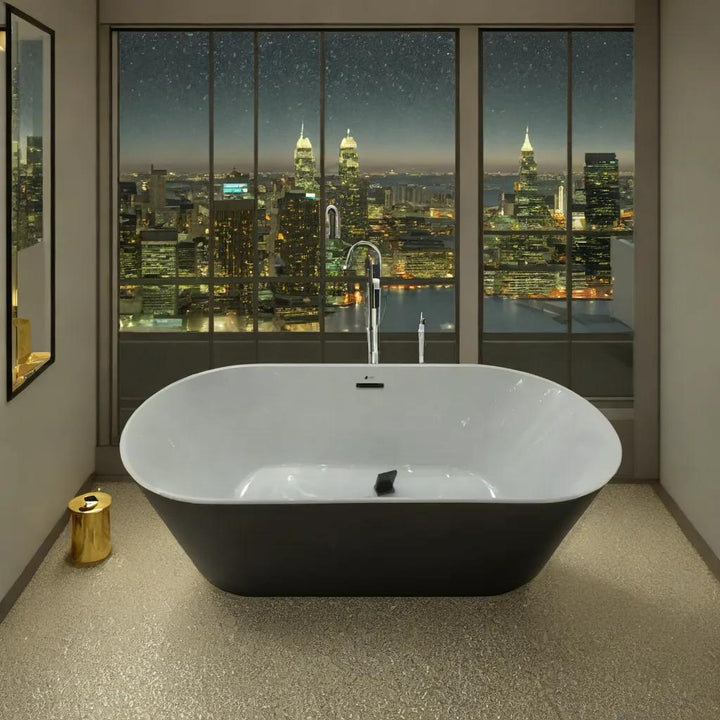 Bain Lunaire - Baignoire autoportante ovale en acrylique blanc à l'intérieur et en acrylique noir à l'extérieur avec un design à rebord mince