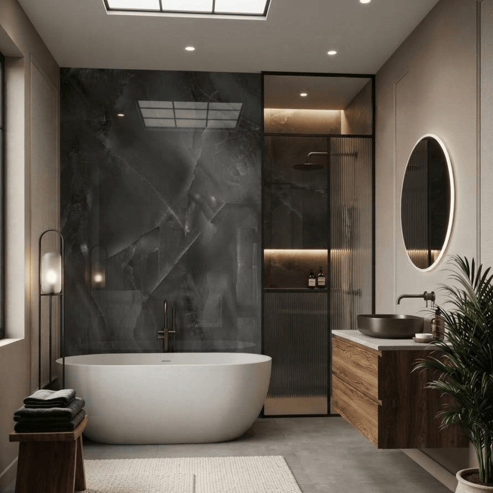 Aménagement intérieur d'une salle de bain moderne mettant en valeur la céramique pour douche Midnight Mirage en pose murale avec vanité en bois et baignoire autoportante