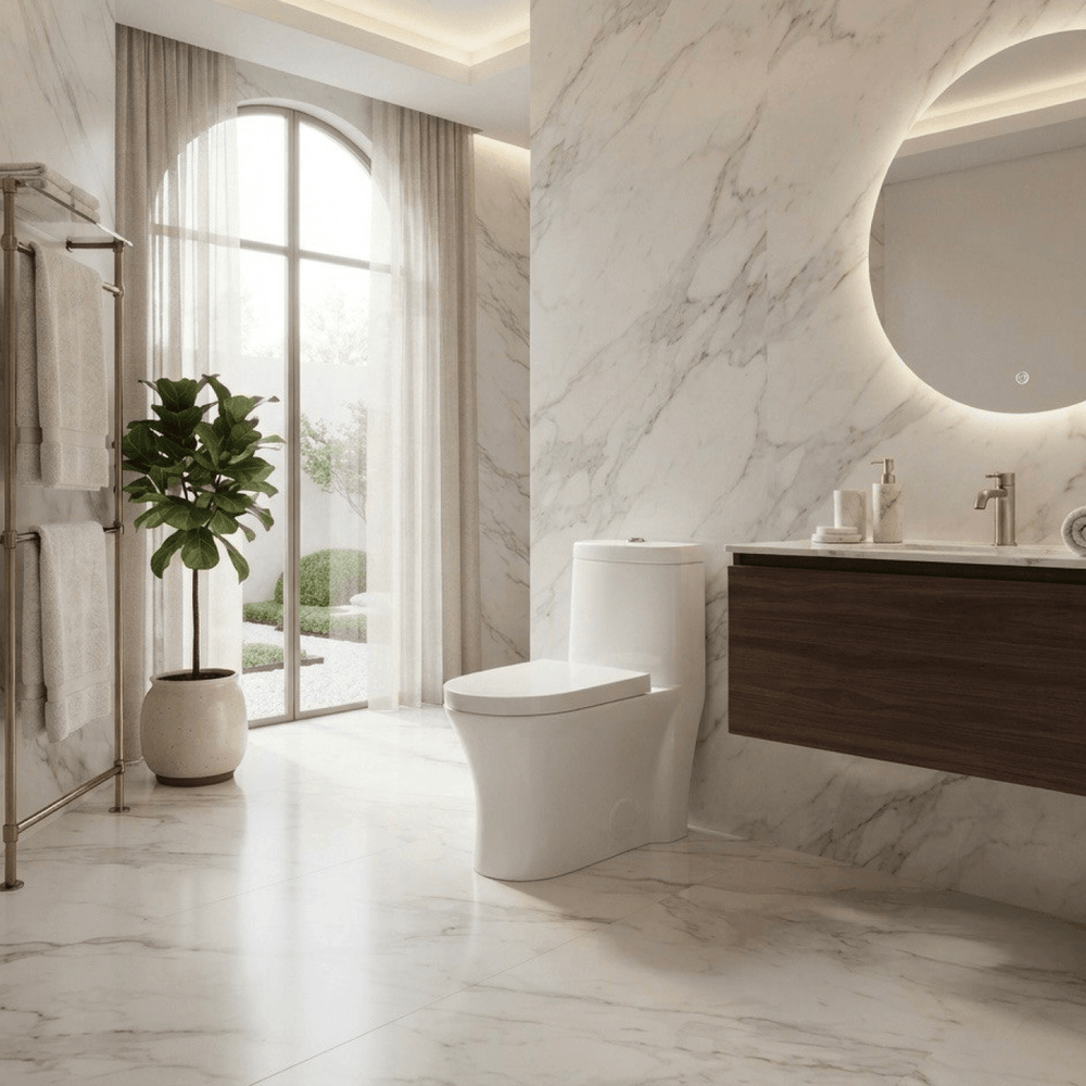 Aménagement intérieur élégant mettant en valeur une toilette salle de bain au design épuré dans un espace avec marbre et éclairage moderne