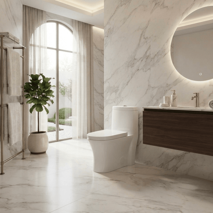 Aménagement intérieur élégant mettant en valeur une toilette salle de bain au design épuré dans un espace avec marbre et éclairage moderne