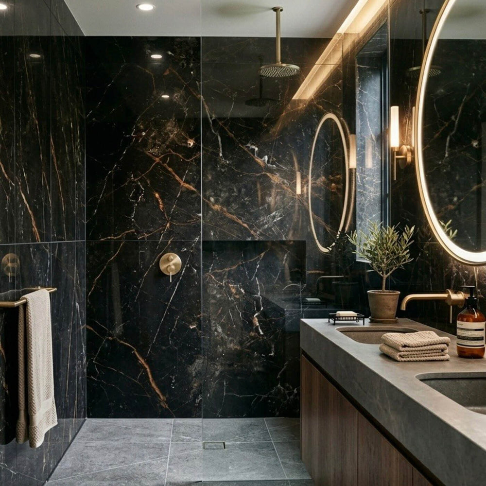 Espace bien-être luxueux mettant en valeur la céramique de salle de bain Noir Royal & Or sur les murs et le sol.