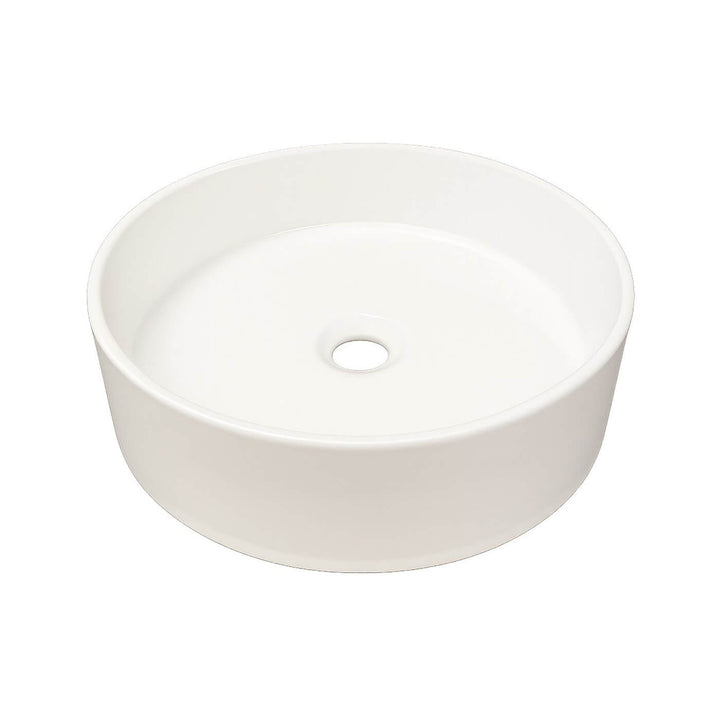 Lavabo en porcelaine blanche rond à poser pour salle de bain – design moderne, surface lisse et brillante.
