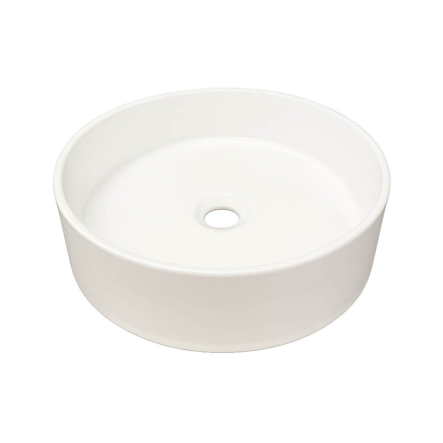 Lavabo en porcelaine blanche rond à poser pour salle de bain – design moderne, surface lisse et brillante.