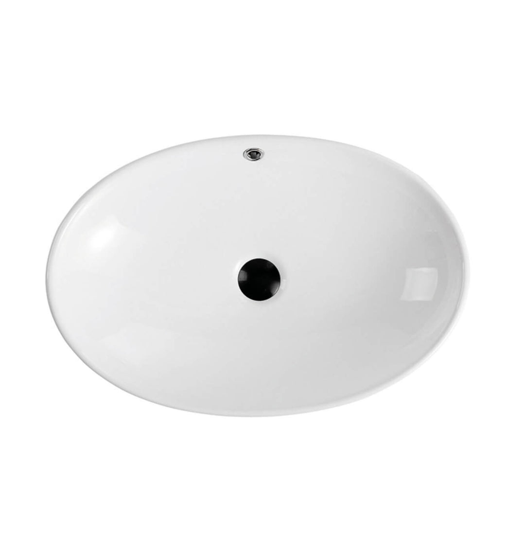 Vue de dessus détaillée d'un lavabo profond en céramique blanche de forme ovale. Le design met en valeur la profondeur de la cuve pour éviter les éclaboussures. On y distingue le trou d'évacuation central et le trop-plein avec son anneau chromé sur un fond blanc épuré.