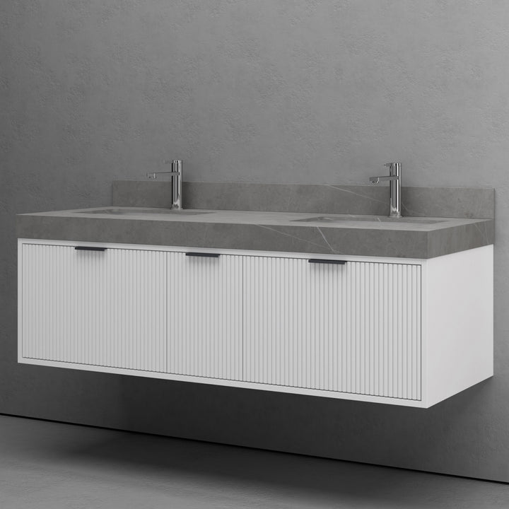 Vanite double salle bain haut de gamme avec une surface en pierre frittée résistante aux taches et aux égratignures, fini blanc mat élégant