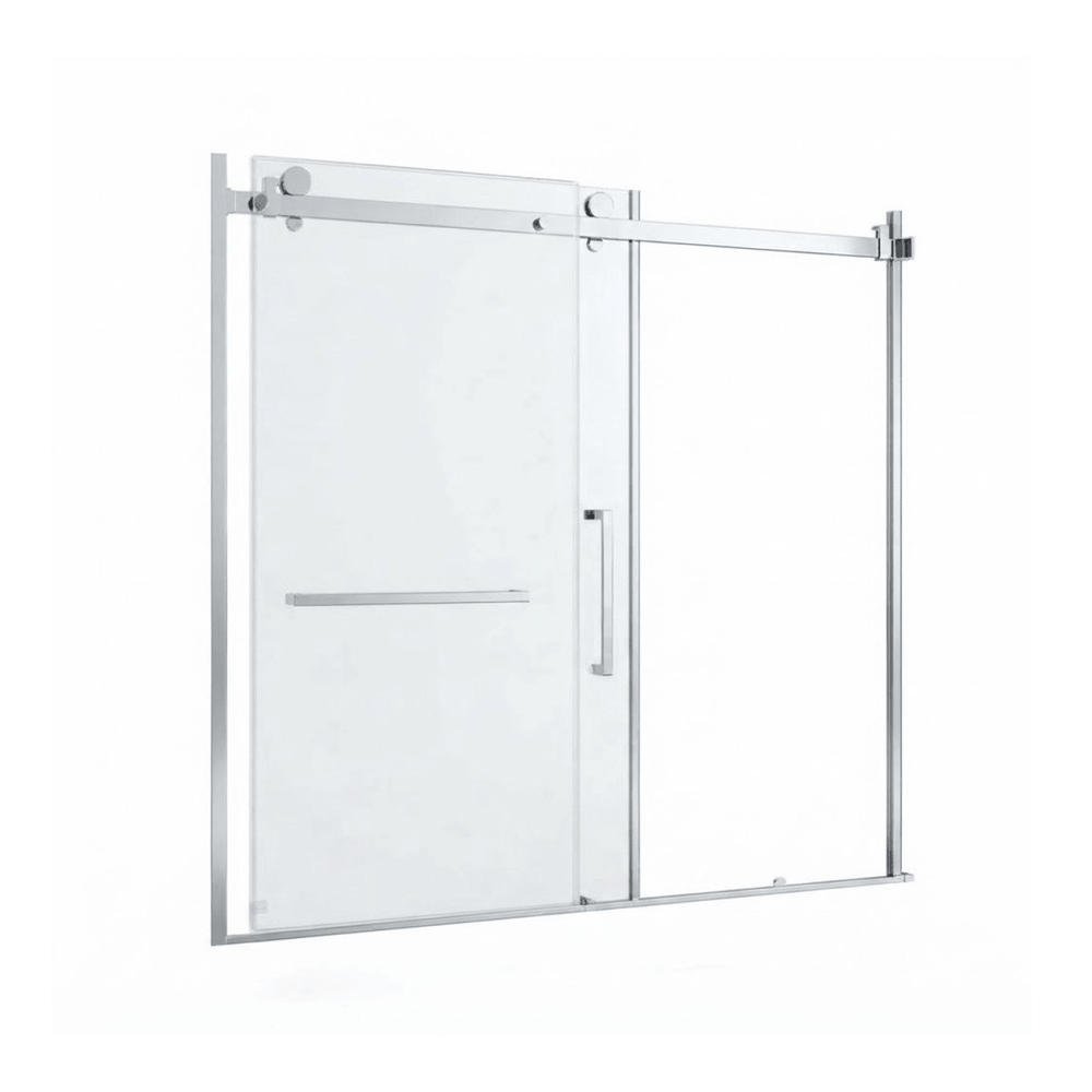 Gros plan d'un panneau de porte de bain douche coulissante en verre clair avec profilé chromé, poignée verticale et barre à serviette, présenté isolément sur fond blanc