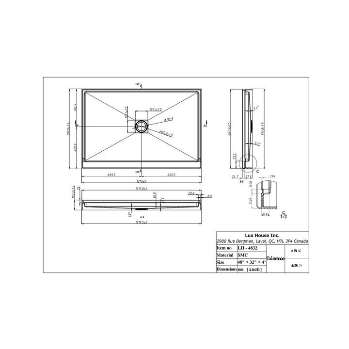 Plan technique d'une base de douche en alcove rectangulaire 48x32 pouces avec drain central et rebords, en SMC