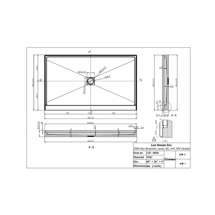 Plan technique d'une base de douche en alcove 60x36 pouces, forme rectangulaire, matériau SMC, drain central.
