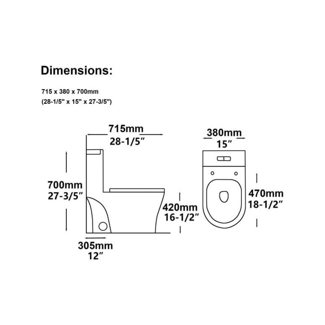 Schéma technique illustrant les dimensions détaillées d'une toilette monobloc moderne, incluant les mesures en millimètres et en pouces
