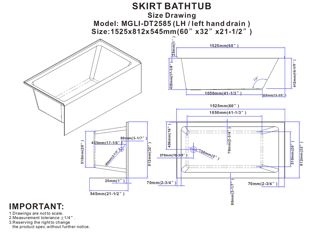 Dessin technique et dimensions d'un bain en alcôve avec drain à gauche, incluant les mesures précises pour l'installation dans votre salle de bain.
