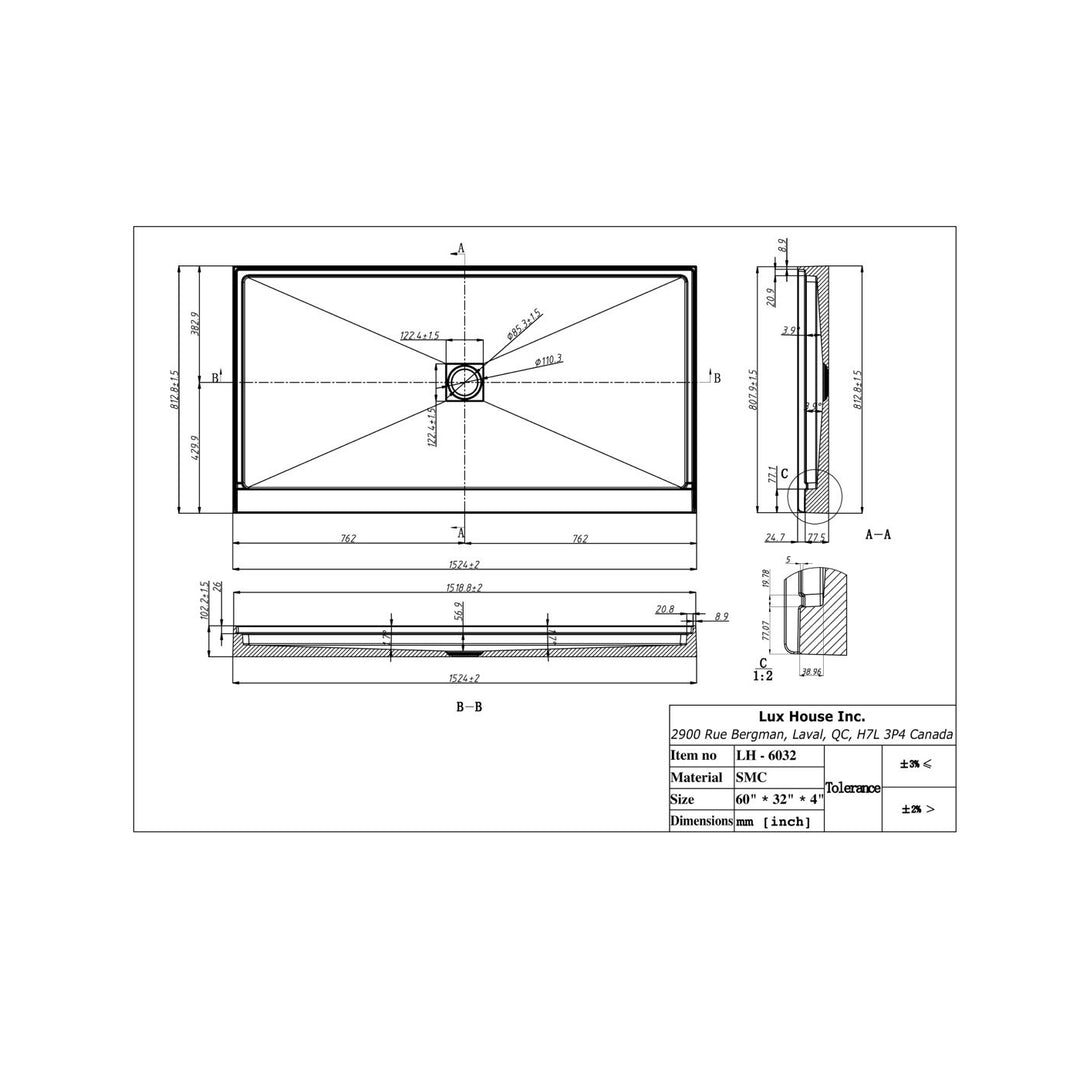 Schéma technique d’une base de douche en alcove 60x32 pouces – modèle rectangulaire basse en SMC avec bonde centrale.