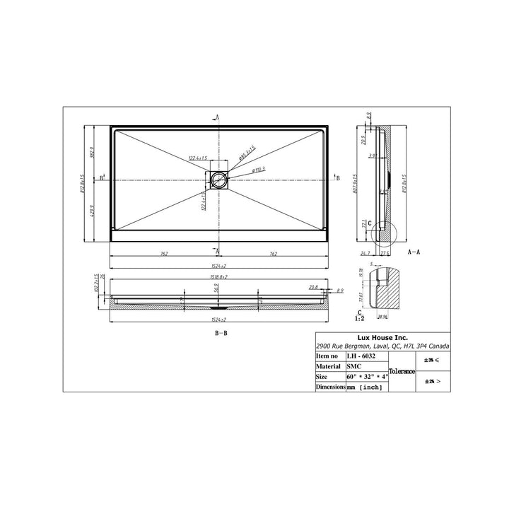 Schéma technique d’une base de douche en alcove 60x32 pouces – modèle rectangulaire basse en SMC avec bonde centrale.