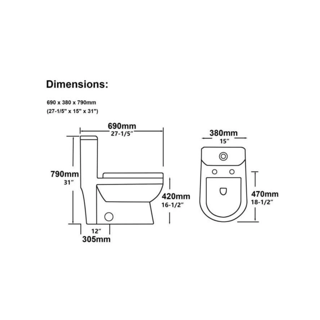 Dessin technique illustrant les dimensions précises d'une toilette monobloc en millimètres et en pouces, incluant la largeur, la profondeur et la distance de dégagement standard pour une installation au sol.