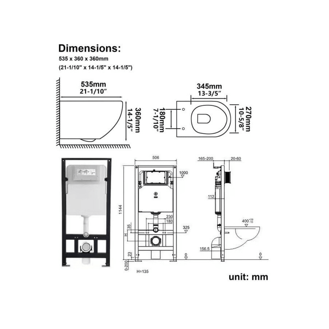 Schéma technique avec dimensions détaillées pour l'installation d'une toilette murale en special, mesures en millimètres