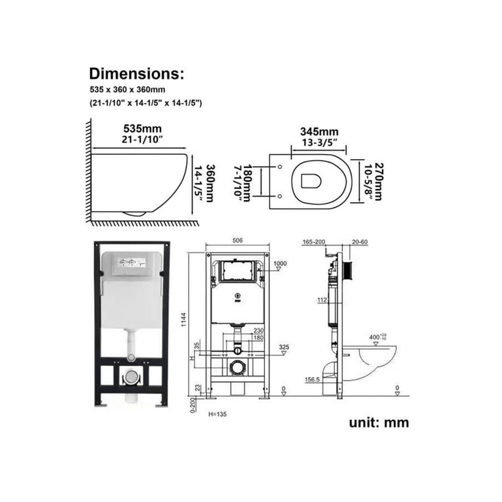 Schéma technique avec dimensions détaillées pour l'installation d'une toilette murale en special, mesures en millimètres