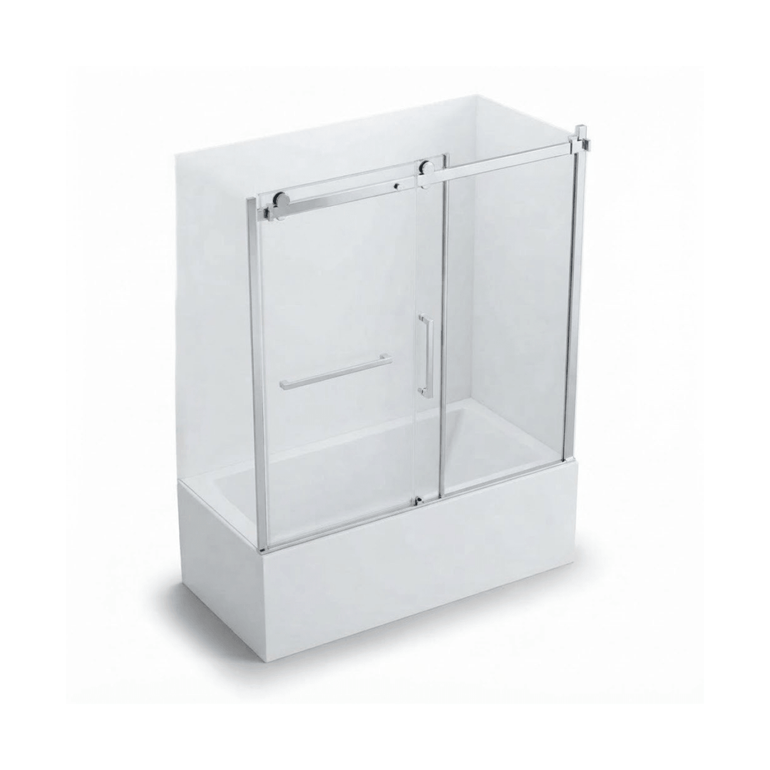 Porte de bain douche coulissante en verre trempé avec quincaillerie au fini chrome poli, installée sur une baignoire rectangulaire blanche, vue isométrique sur fond blanc