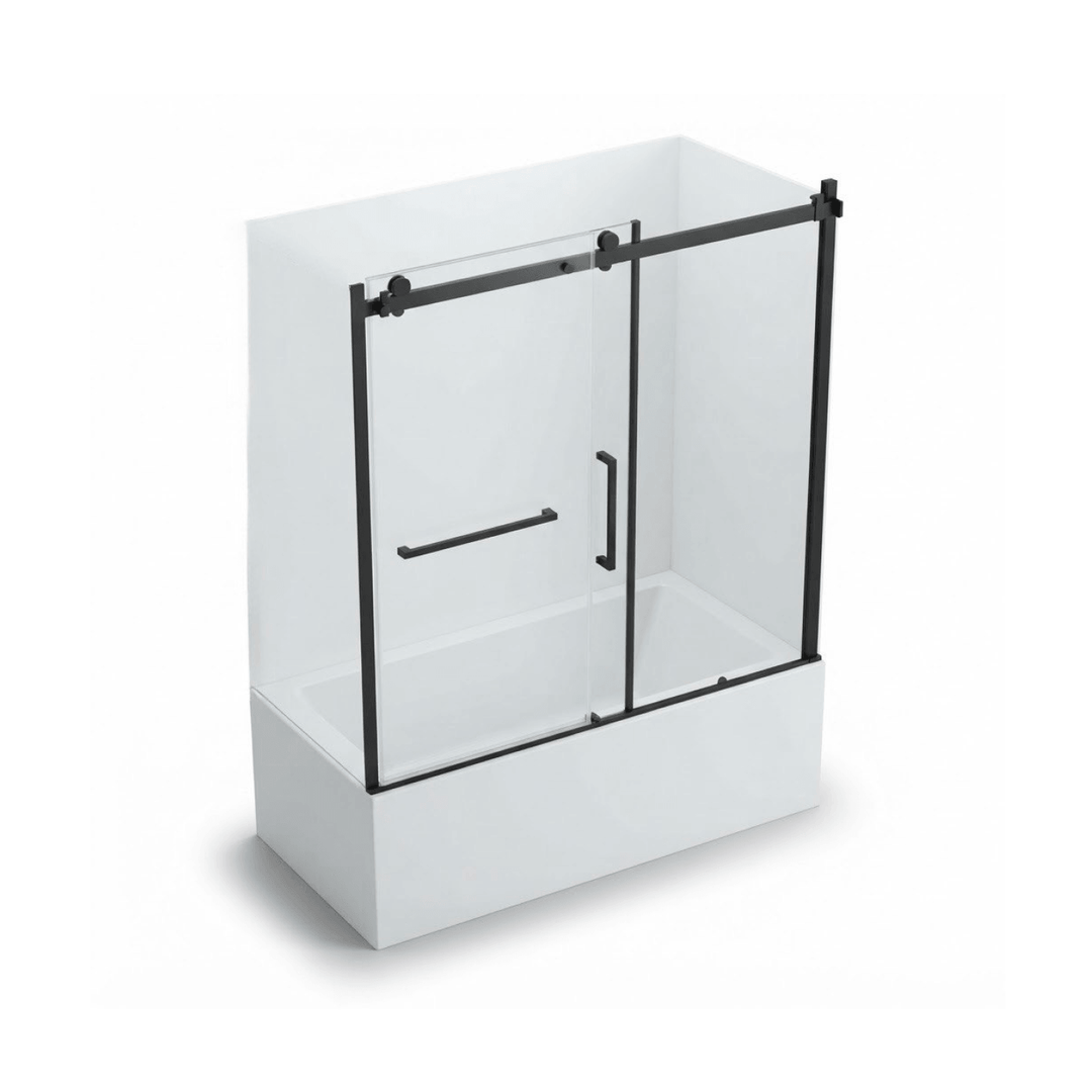 Porte de bain douche coulissante de 60 pouces avec cadre en noir mat installée sur une baignoire blanche, vue isométrique isolée sur fond blanc.