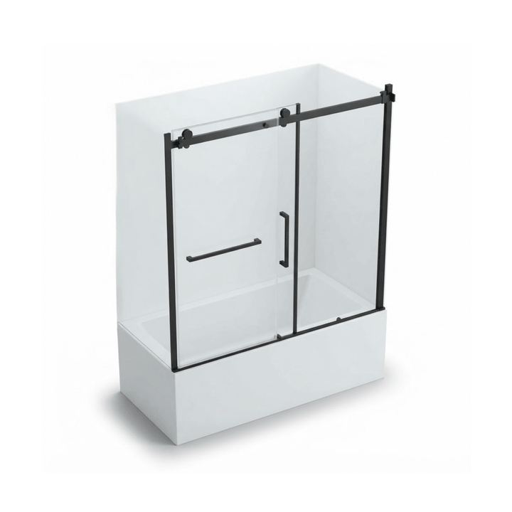 Porte de bain douche coulissante de 60 pouces avec cadre en noir mat installée sur une baignoire blanche, vue isométrique isolée sur fond blanc.