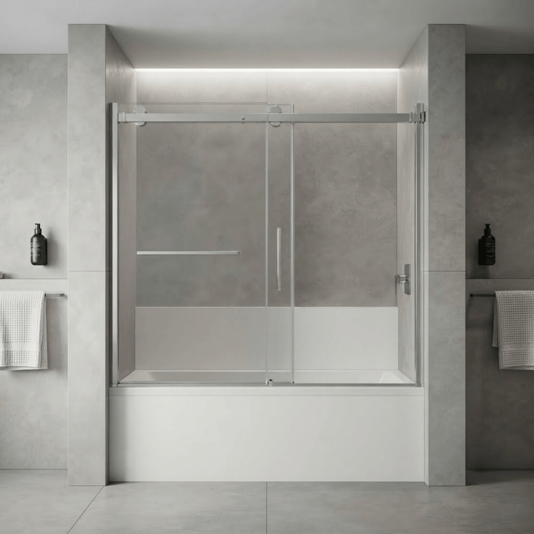Porte de bain douche coulissante installée dans une alcôve entre deux murs en béton gris, dans une salle de bain moderne. La porte est en verre clair avec un cadre chromé et dispose d'une poignée et d'un porte-serviette. La scène comprend des accessoires comme des distributeurs de savon et des serviettes