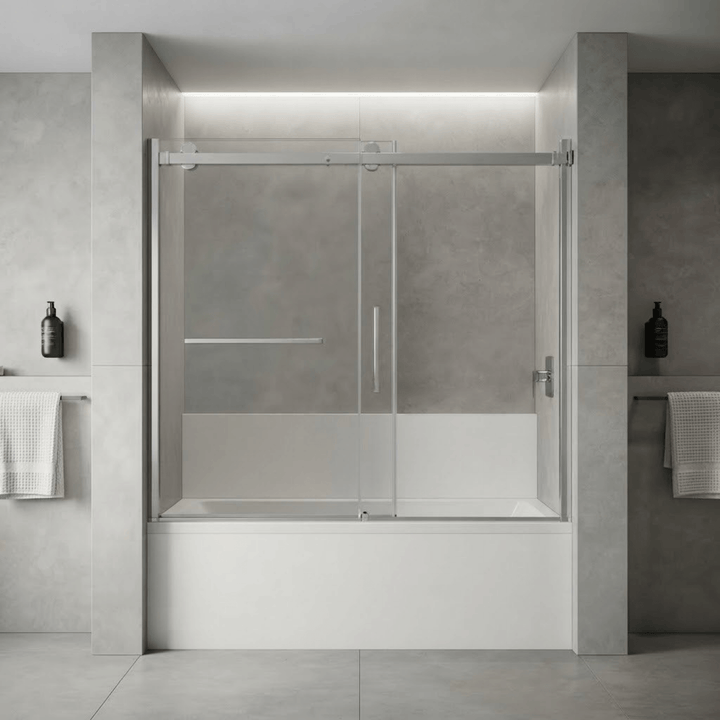 Porte de bain douche coulissante installée dans une alcôve entre deux murs en béton gris, dans une salle de bain moderne. La porte est en verre clair avec un cadre chromé et dispose d'une poignée et d'un porte-serviette. La scène comprend des accessoires comme des distributeurs de savon et des serviettes