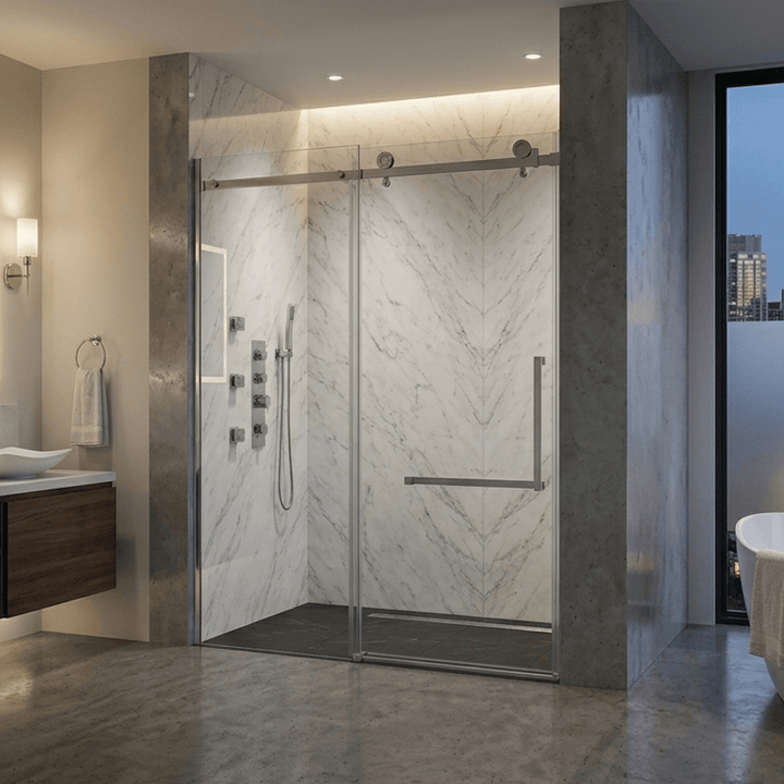 Installation d'une porte de douche coulissante en chrome dans une salle de bain luxueuse. La porte en verre clair est dotée de quincaillerie chromée brillante, comprenant un rail supérieur à roulettes apparentes et une poignée ergonomique. Elle est installée devant une douche avec des murs en marbre à chevrons et un système de pomme de douche intégré.