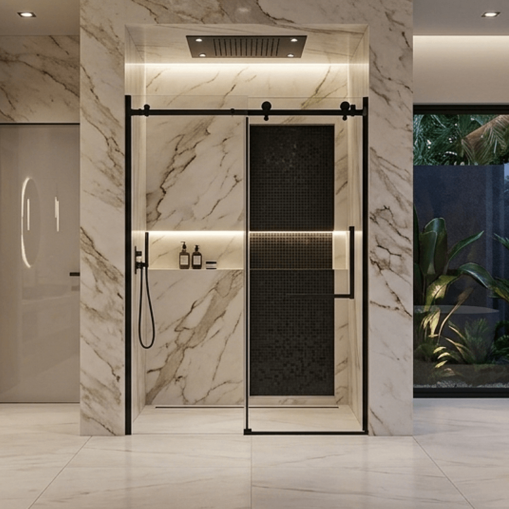 Porte de douche coulissante au cadre noir mat installée dans une salle de bain luxueuse avec murs en marbre. Le design épuré comprend un système de rail supérieur apparent, une poignée minimaliste et s'intègre harmonieusement à une douche moderne avec éclairage encastré.