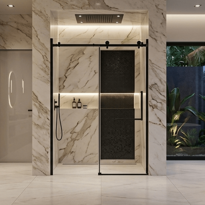 Porte de douche coulissante au cadre noir mat installée dans une salle de bain luxueuse avec murs en marbre. Le design épuré comprend un système de rail supérieur apparent, une poignée minimaliste et s'intègre harmonieusement à une douche moderne avec éclairage encastré.