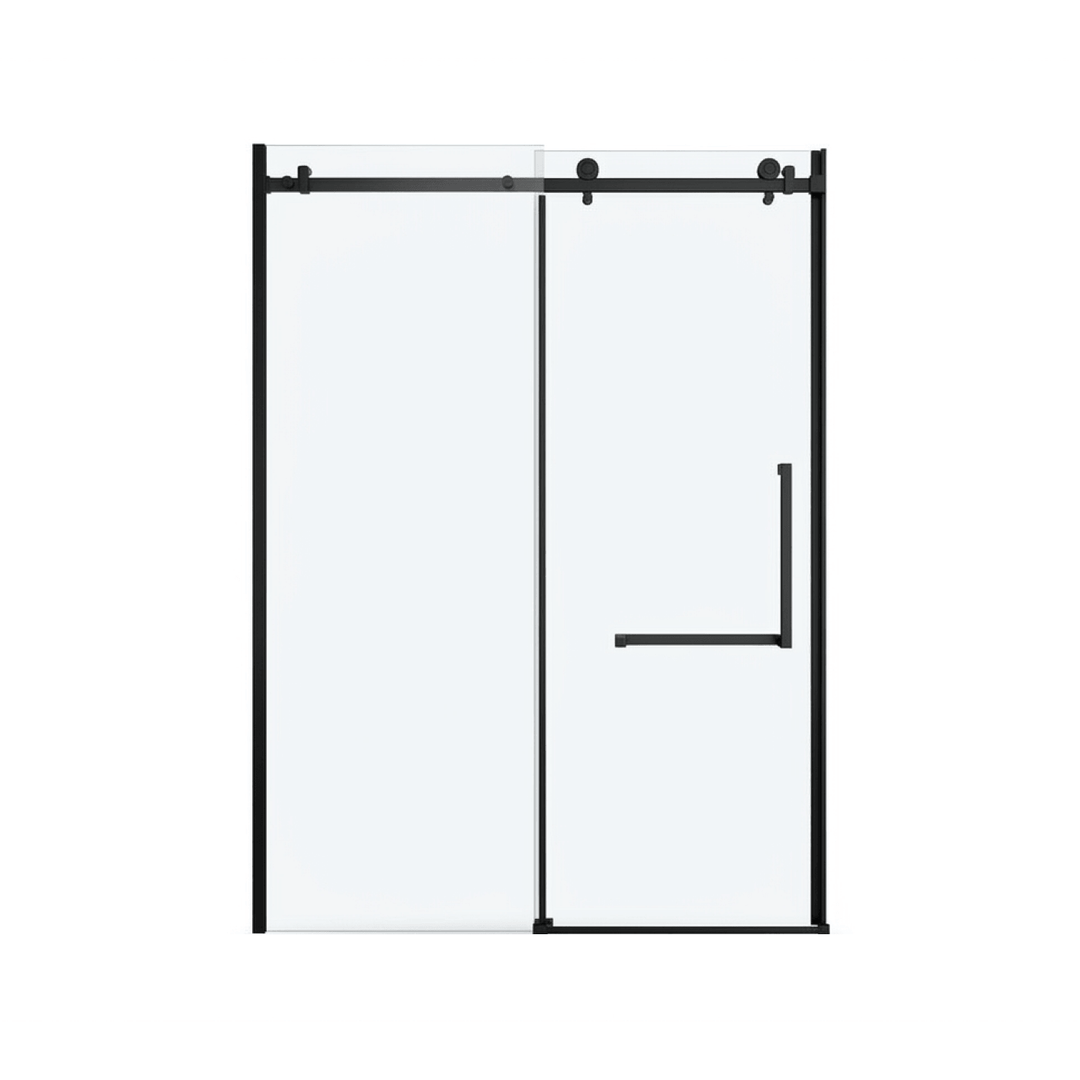 Porte de douche coulissante au fini noir mat avec verre clair. Ce modèle élégant comprend un système de rail supérieur apparent avec roulettes, une poignée minimaliste assortie et un cadre noir moderne, offrant un aspect épuré pour une salle de bain contemporaine.