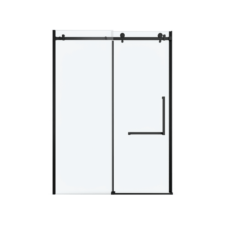 Porte de douche coulissante au fini noir mat avec verre clair. Ce modèle élégant comprend un système de rail supérieur apparent avec roulettes, une poignée minimaliste assortie et un cadre noir moderne, offrant un aspect épuré pour une salle de bain contemporaine.