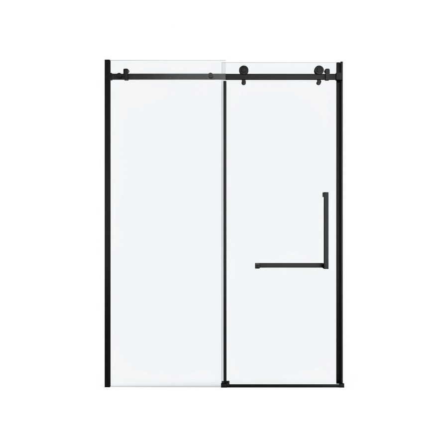 Porte de douche coulissante au fini noir mat avec verre clair. Ce modèle élégant comprend un système de rail supérieur apparent avec roulettes, une poignée minimaliste assortie et un cadre noir moderne, offrant un aspect épuré pour une salle de bain contemporaine.