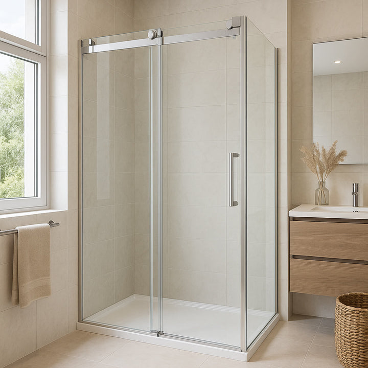 Porte de douche en verre coulissante installée dans une salle de bain moderne avec finition chrome