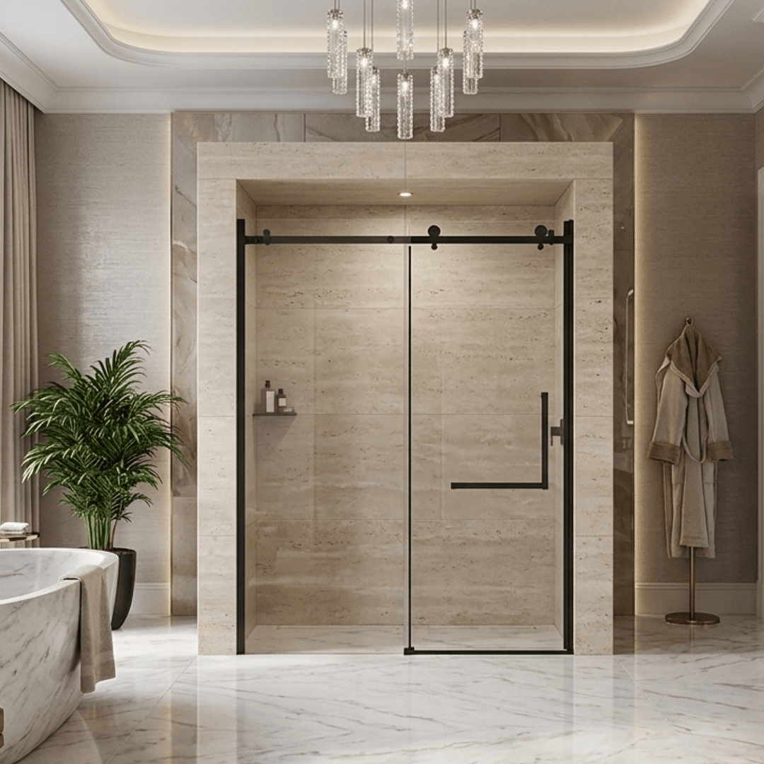 Vue en perspective d'une porte de salle de bain coulissante avec cadre noir et quincaillerie exposée au sommet, pour une douche moderne.
