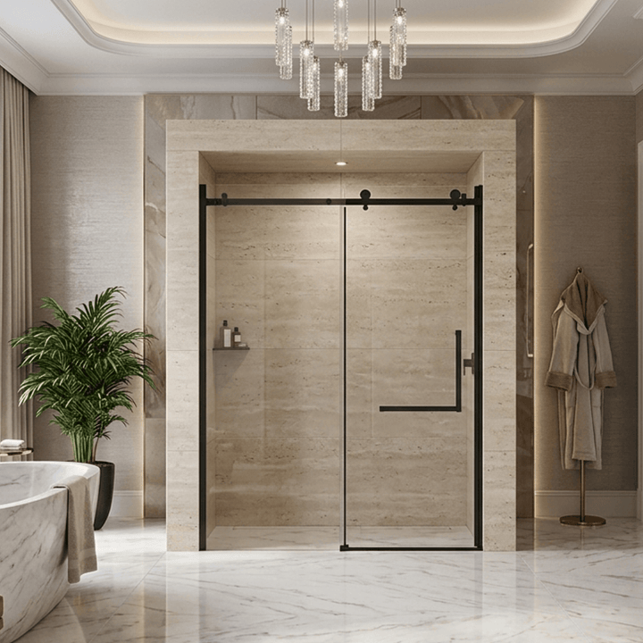 Vue en perspective d'une porte de salle de bain coulissante avec cadre noir et quincaillerie exposée au sommet, pour une douche moderne.