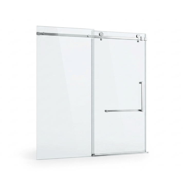 Une porte de salle de bain coulissante en verre clair avec quincaillerie en chrome, montrée sur fond blanc.