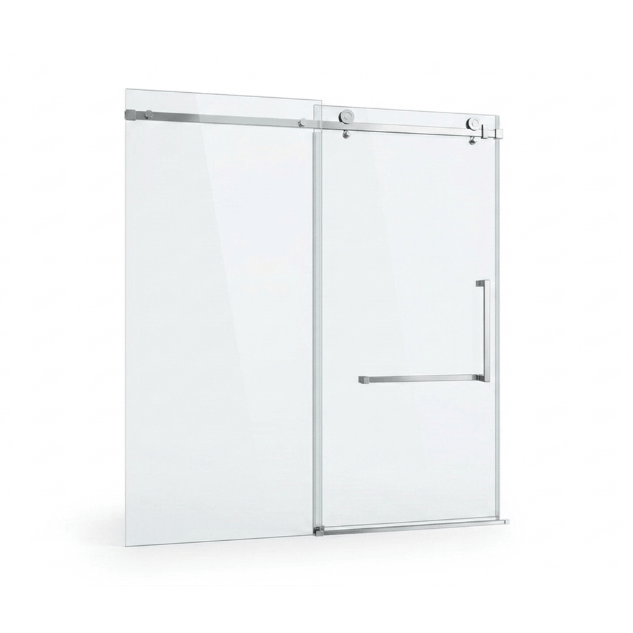 Une porte de salle de bain coulissante en verre clair avec quincaillerie en chrome, montrée sur fond blanc.
