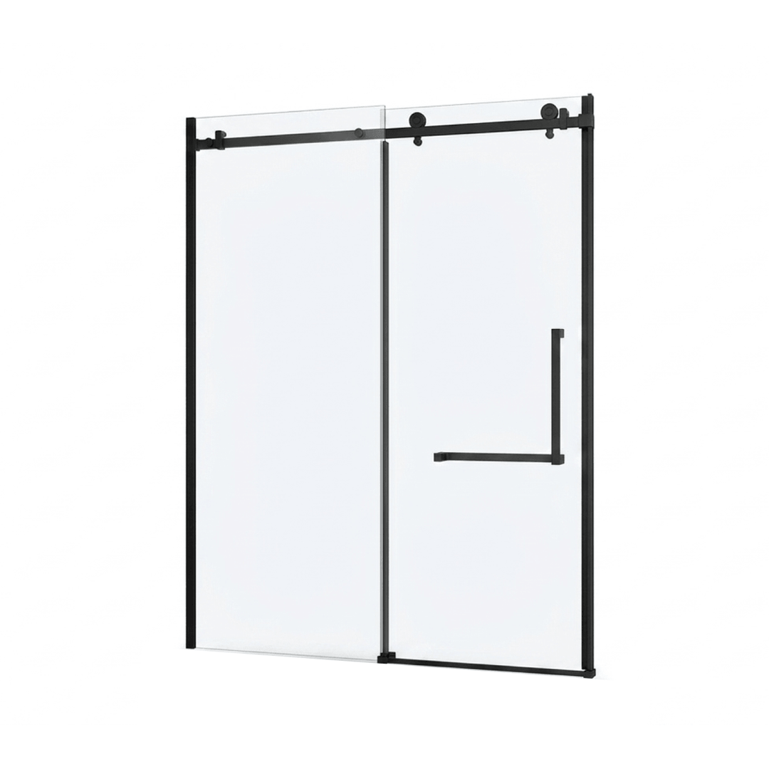 Une porte de salle de bain en verre avec un cadre noir mat et une poignée minimaliste assortie, style loft, isolée sur blanc.