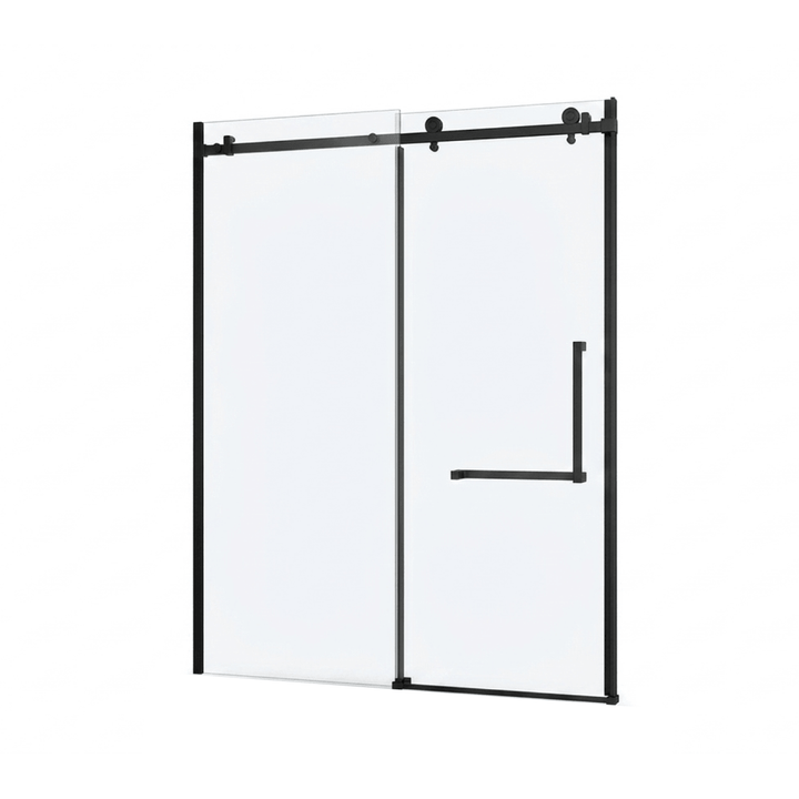 Une porte de salle de bain en verre avec un cadre noir mat et une poignée minimaliste assortie, style loft, isolée sur blanc.