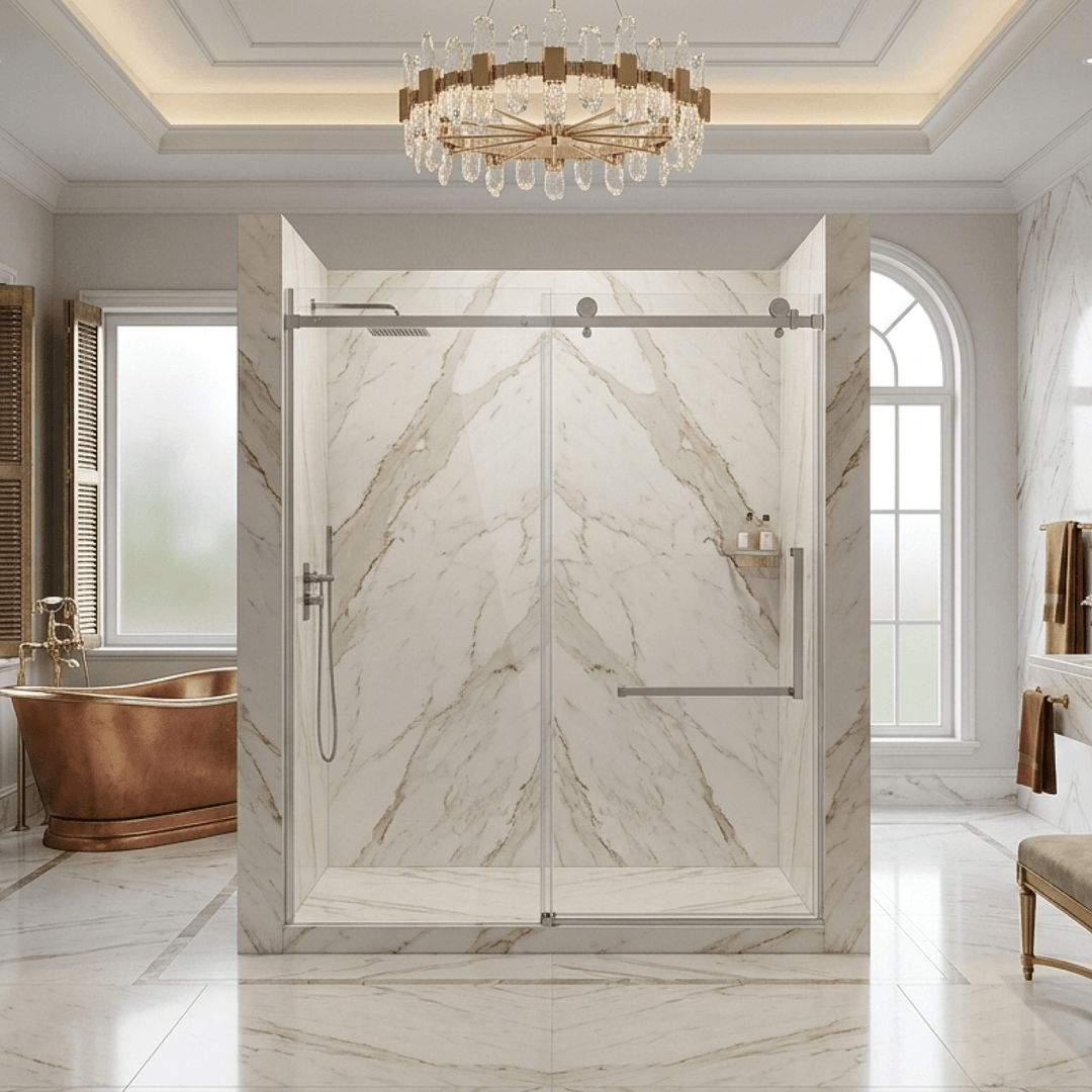 Vue de face d'une porte de salle de bain moderne en verre pour douche, avec un rail de roulement visible et une poignée élégante.