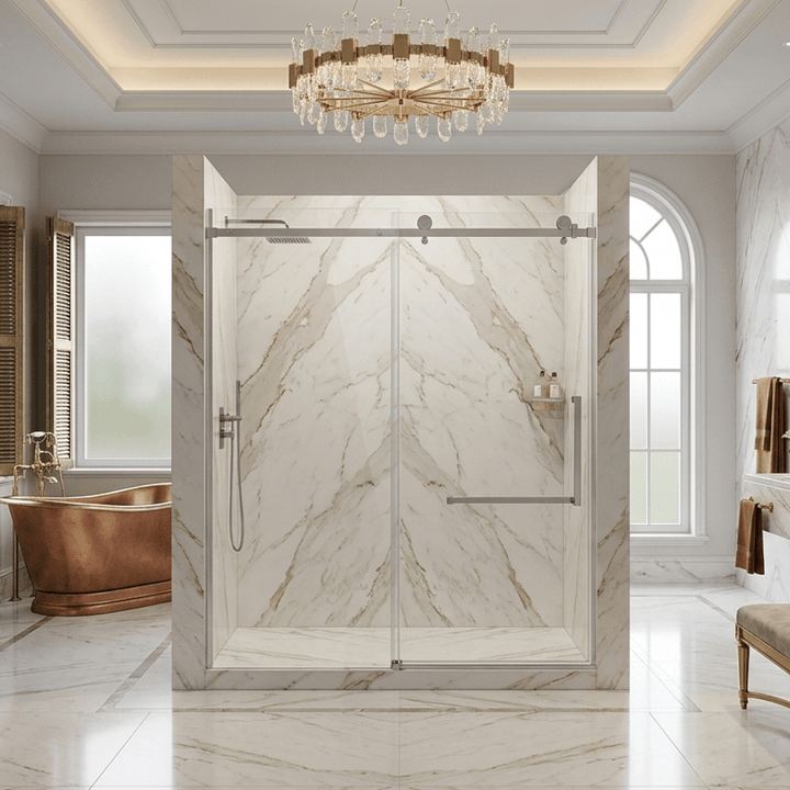 Vue de face d'une porte de salle de bain moderne en verre pour douche, avec un rail de roulement visible et une poignée élégante.