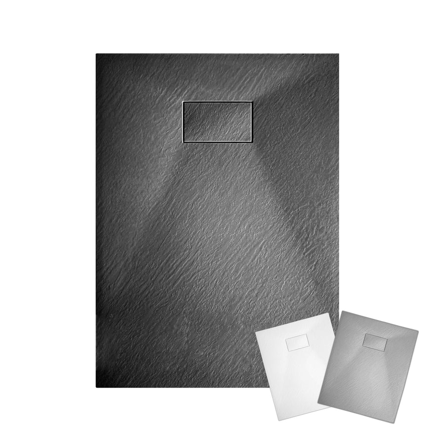 Receveur de douche rectangulaire en composite – produit antidérapant, effet pierre, disponible en noir, blanc et gris.