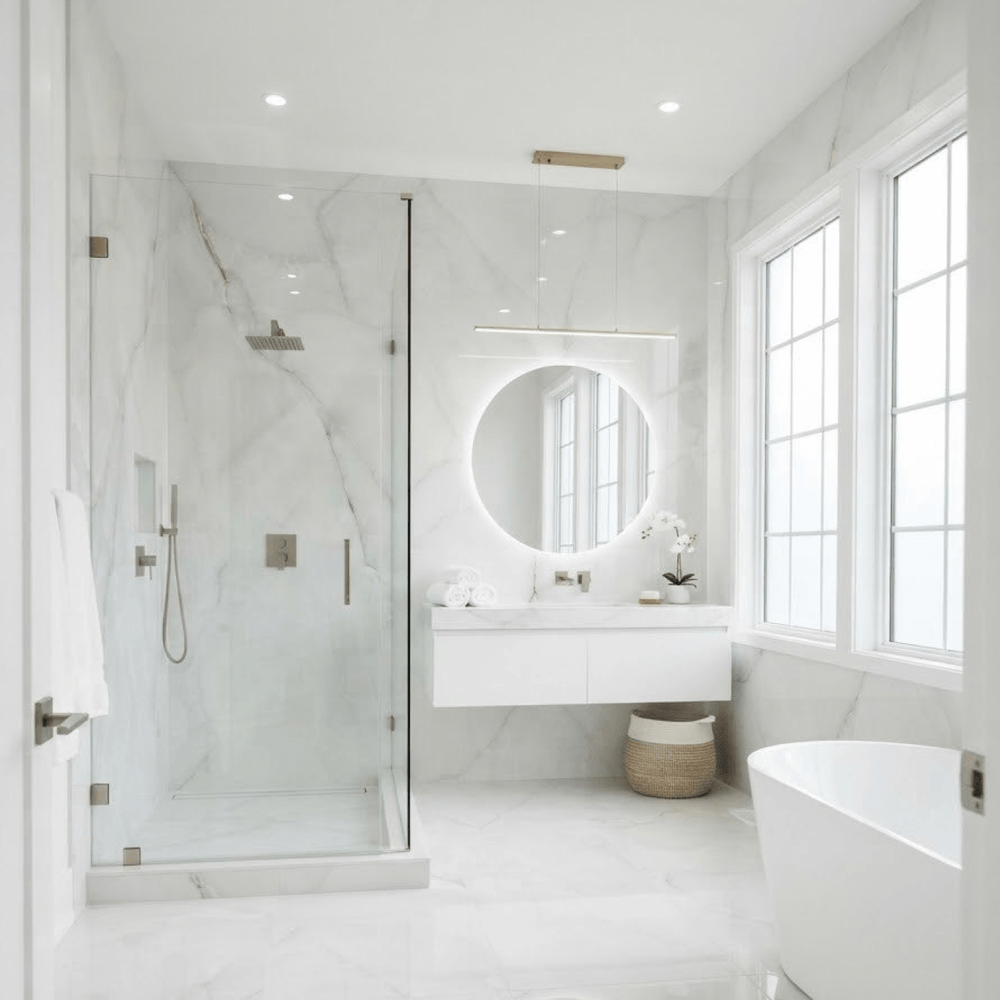 Vue d'ensemble d'une salle de bain moderne et lumineuse avec une grande douche à l'italienne revêtue de la céramique pour douche effet marbre blanc, sol assorti, meuble-lavabo flottant et baignoire autoportante.