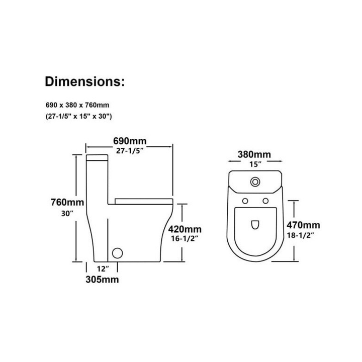Fiche technique présentant les dimensions précises d'une toilette salle de bain moderne en millimètres et en pouces
