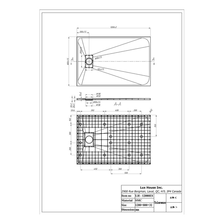 Schéma technique de base de douche rectangulaire 48x32 pouces – dimensions détaillées pour installation précise.
