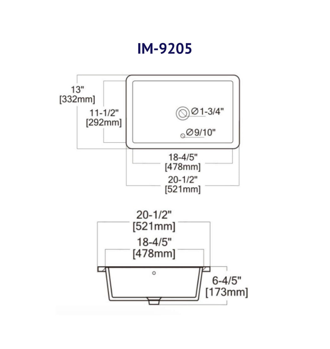 Schéma technique du lavabo de salle de bain sous plan profond avec dimensions détaillées.